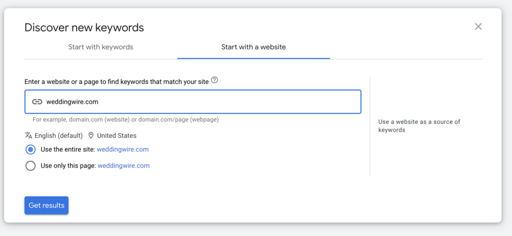 Google Keyword Planner website search