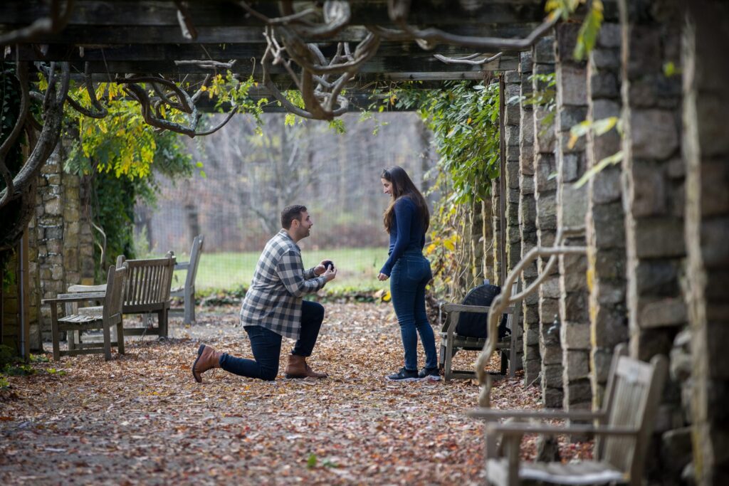 Dan's wedding proposal to Sara at Cross Estate Gardens in Morristown, New Jersey.